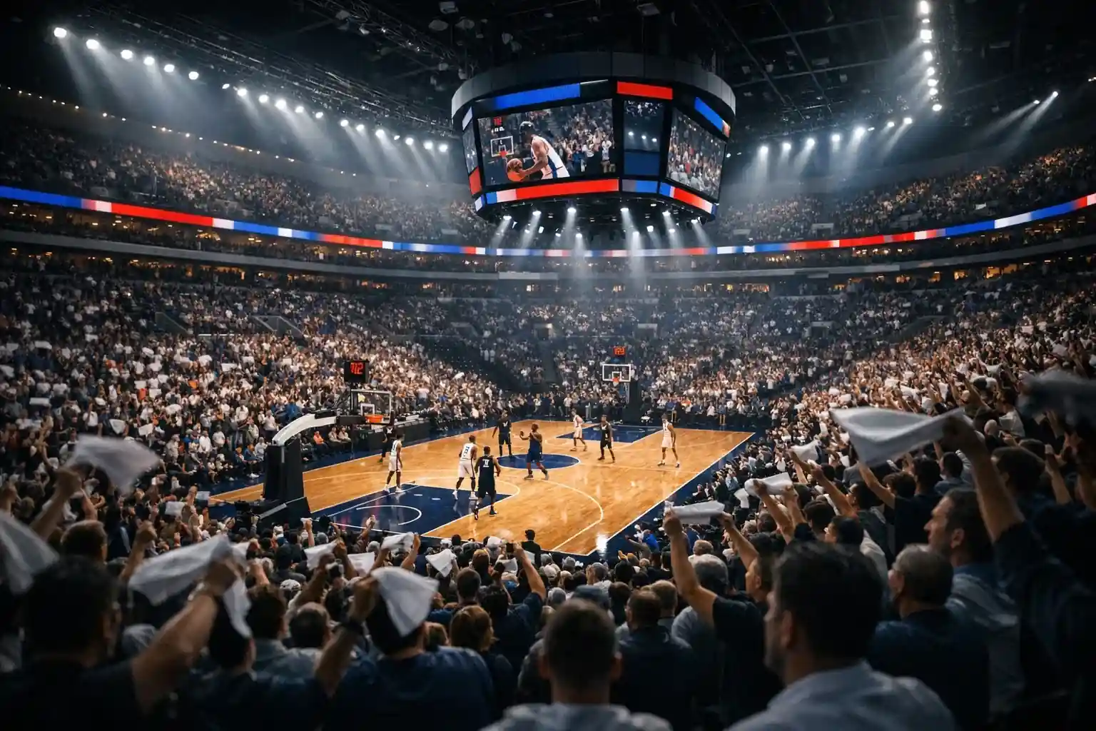 NBA arena crowd during an exciting playoff game moment