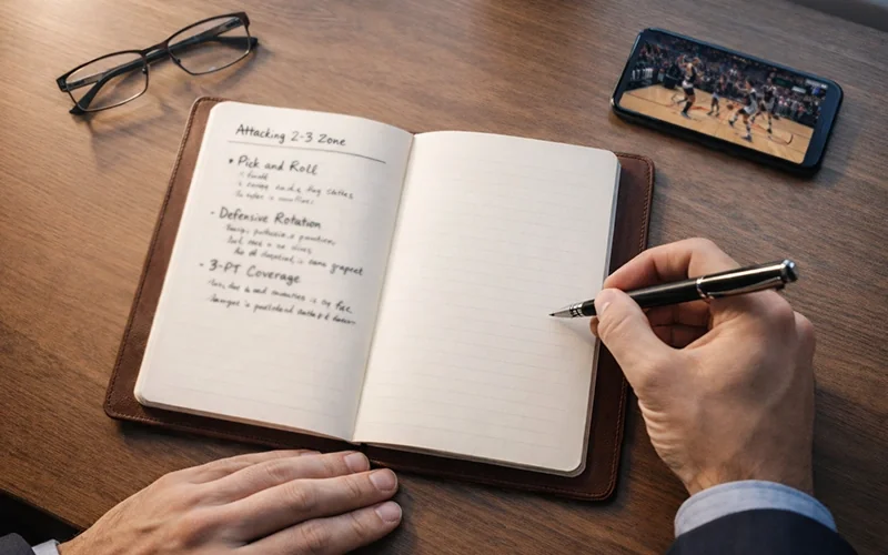 Person writing basketball betting notes in a notebook