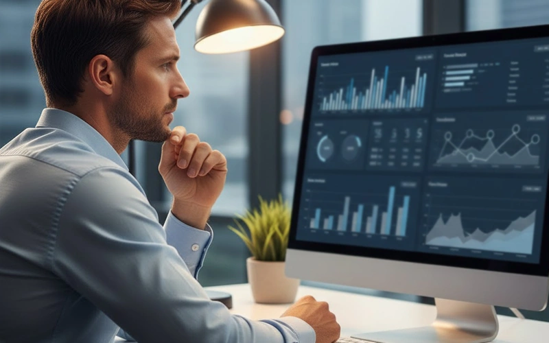 Sports analyst reviewing basketball game statistics on screen